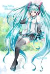  1girl 2013 aqua_eyes aqua_hair boots character_name dated detached_sleeves hand_on_headphones happy_birthday hatsune_miku headphones headset long_hair musical_note necktie sitting skirt solo thigh_boots thighhighs tsujiori twintails very_long_hair vocaloid 