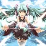  1girl detached_sleeves floating_hair green_eyes green_hair hatsune_miku headset heart long_hair necktie open_mouth skirt solo thighhighs tom_(drpow) twintails very_long_hair vocaloid 