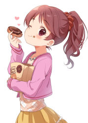  1girl ;) absurdres bead_necklace beads blush brown_hair buchi_(y0u0ri_) closed_mouth collarbone commentary crumbs doughnut eating food hair_ornament hair_scrunchie heart highres holding holding_donut holding_food idolmaster idolmaster_cinderella_girls jacket jewelry long_hair long_sleeves looking_at_viewer necklace one_eye_closed open_clothes open_jacket pink_eyes pink_jacket ponytail red_scrunchie scrunchie shiina_noriko simple_background skirt smile solo upper_body white_background yellow_skirt 