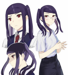  1girl alternate_costume asakiri_koko black_skirt blue_vest blush collared_shirt commentary_request cowboy_shot cropped_torso from_side glasses highres jill_stingray long_hair looking_at_viewer multiple_views necktie pout purple_hair red_eyes red_necktie shirt sidelocks simple_background skirt swept_bangs t-shirt twintails upper_body va-11_hall-a vest white_background white_shirt 