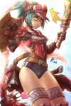  /\/\/\ 1girl :&lt; belt blush buruma daimyo_hermitaur gauntlets green_eyes green_hair heart hermitaur_(armor) monster_hunter shield short_hair solo sword tsukigami_chronica weapon 