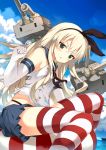  1girl blonde_hair elbow_gloves gloves hairband kantai_collection long_hair okino_ryuuto personification rensouhou-chan shimakaze_(kantai_collection) skirt solo striped striped_legwear thigh-highs white_gloves 