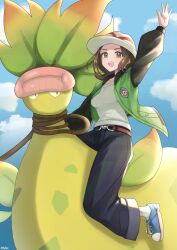  1girl bell-bottoms belt blue_sky blush breasts brown_eyes brown_hair closed_mouth clouds colored_skin green_jacket harmony_(pokemon) hat highres jacket leaf long_sleeves looking_at_viewer mega_pokemon mega_victreebel mochitaro_(mothitaroo) open_clothes open_jacket open_mouth pants pink_lips plant plant_monster pokemon pokemon_(creature) pokemon_legends:_z-a riding riding_pokemon shirt shoes short_hair sky smile socks striped_hat teeth upper_teeth_only victreebel vines white_hat white_shirt white_socks yellow_skin 