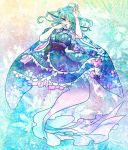  1girl blue_eyes blue_hair breasts dress frills hand_on_own_face head_fins highres japanese_clothes kimono long_sleeves looking_at_viewer mermaid monster_girl obi shimana_(cs-ts-az) short_hair solo touhou wakasagihime wide_sleeves 