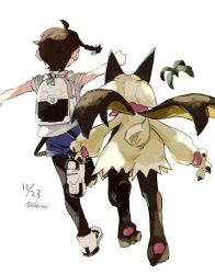  1girl 2enn3n ahoge backpack bag black_pantyhose brown_hair dated from_behind highres juliana_(pokemon) leg_up meowscarada pantyhose pokemon pokemon_(creature) pokemon_sv shirt shoes short_hair short_sleeves shorts simple_background twitter_username white_background 