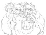  2girls ahoge breasts china_dress chinese_clothes fox_tail gothic_lolita highres lineart lolita_fashion long_hair looking_at_viewer maid monochrome multiple_girls open_mouth original ribbon smile syno tail twintails 