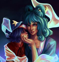  2girls absurdres blue_eyes blue_hair hair_rings hand_on_another&#039;s_cheek hand_on_another&#039;s_face highres jyutgreh kaku_seiga looking_at_another looking_at_viewer medium_hair miyako_yoshika multiple_girls purple_hair touhou violet_eyes 