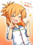  1girl :d ^_^ blush clenched_hand closed_eyes hair_ornament hairclip hoodie open_mouth orange_hair original ponytail ringo_yuyu short_hair smile solo sparkle v 