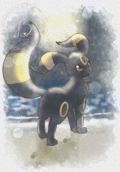 animal_focus baya_(sakura_mint) black_eyes black_fur colored_sclera full_body highres looking_at_viewer night no_humans pokemon pokemon_(creature) pokemon_focus red_eyes red_sclera solo tail umbreon 