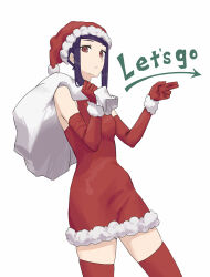  1girl alternate_costume asakiri_koko commentary_request cowboy_shot dress elbow_gloves english_text from_side frown fur-trimmed_dress fur-trimmed_jacket fur_trim gloves hat highres jacket jill_stingray long_sidelocks looking_at_viewer purple_hair red_dress red_eyes red_gloves red_hat red_thighhighs sack santa_costume santa_hat sidelocks simple_background sleeveless sleeveless_dress solo swept_bangs thigh-highs va-11_hall-a white_background wrist_cuffs 