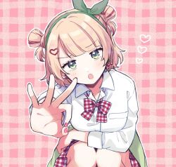  1girl arm_on_knee blonde_hair blunt_bangs blush bow bowtie cherry_earrings cherry_pop_(vocaloid) clothes_around_waist collared_shirt commentary_request double_bun earrings food-themed_earrings gingham_background gingham_bow gingham_skirt green_eyes green_hairband hair_bun hair_ornament hairband heart heart_hair_ornament highres indie_virtual_youtuber jewelry looking_at_viewer ok_sign open_mouth outline red_nails shigure_ui_(vtuber) shirt short_hair solo squatting virtual_youtuber white_outline white_shirt yasushi_(yssm8) 