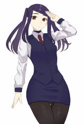 1girl asakiri_koko black_pantyhose blue_skirt blue_vest collared_shirt commentary_request cowboy_shot highres jill_stingray long_hair long_sleeves looking_at_viewer necktie pantyhose pencil_skirt purple_hair red_eyes red_necktie salute shirt sidelocks simple_background skirt solo standing swept_bangs twintails va-11_hall-a vest white_background white_shirt 