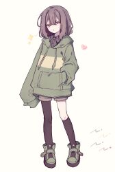  1other asymmetrical_legwear black_pantyhose black_socks brown_hair brown_shorts chara_(undertale) green_hoodie green_shoes half-closed_eyes heart highres hood hoodie looking_at_viewer okura_0915 pantyhose red_eyes shoes short_hair shorts simple_background sleeves_past_fingers sleeves_past_wrists socks solo sparkle striped_clothes striped_hoodie two-tone_hoodie undertale utdr_(toby_fox) white_background 