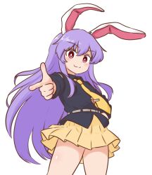 1girl animal_ears black_shirt blush bright_pupils closed_mouth collared_shirt commentary_request cowboy_shot dot_nose finger_gun hand_on_own_hip long_hair long_sleeves looking_at_viewer miniskirt mizusoba necktie pink_eyes pleated_skirt pointing pointing_at_viewer purple_hair rabbit_ears rabbit_girl reisen_udongein_inaba shirt simple_background skirt smile solo split_mouth standing tie_clip touhou white_background white_pupils yellow_necktie yellow_skirt 