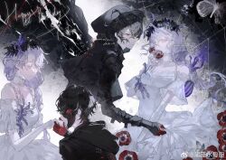  absurdres bare_shoulders black_hair braid bug butterfly capelet choker dress elbow_gloves frilled_choker frills gloves hair_ornament heilanshuimuchu highres holding_hands hood hood_up long_hair mask multiple_girls multiple_views original red_eyes red_gloves white_dress white_gloves white_hair 