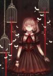  1girl alternate_costume ascot birdcage blonde_hair blood cage corset crystal dress flandre_scarlet highres no_hat red_eyes ribbon savieleco_(pixiv2929854) short_hair side_ponytail smile solo touhou wings 