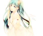  1girl blue_eyes character_name collar detached_sleeves dress green_hair happy_birthday hatsune_miku headset long_hair myai solo strapless_dress twintails very_long_hair vocaloid white_background 