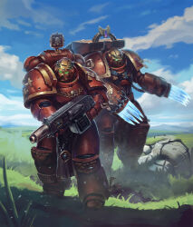  2boys absurdres adeptus_astartes armor armored_boots blood_angels blue_gemstone blue_sky boots breastplate broken_statue bullet_hole cable claw_(weapon) clouds cross_ornament energy_claws full_armor full_body gauntlets gem grass greaves grohgrog gun heavy_bolter helmet highres holding holding_bolter holding_gun holding_weapon imperial_aquila laurel_crown male_focus maltese_cross multiple_boys ornate_armor outdoors pauldrons pelvic_curtain power_armor purity_seal purple_gemstone red_armor shoulder_armor skull_and_crossbones skull_ornament sky vambraces warhammer_40k weapon yellow_helmet 