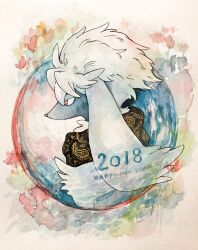  2018 animal_focus black_scarf chinese_zodiac commentary_request dated furfrou furfrou_(natural) happy_new_year highres looking_ahead mint_nappa no_humans painting_(medium) paisley pokemon pokemon_(creature) red_eyes scarf solo traditional_media watercolor_(medium) year_of_the_dog 