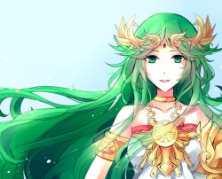  1girl blue_background camiruchi chain circlet collarbone floating_hair gold_chain green_eyes green_hair jewelry kid_icarus kid_icarus_uprising looking_at_viewer palutena pendant signature solo upper_body 