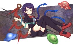  1girl asymmetrical_wings black_dress black_hair black_thighhighs blush bow bowtie commentary_request dress footwear_bow frilled_dress frills from_below full_body grey_background hand_on_lap hand_up hemoglo holding holding_pitchfork houjuu_nue one_eye_closed pitchfork red_bow red_bowtie red_eyes red_shoes shoes short_hair smile snake solo split_mouth thigh-highs thighs touhou ufo wings |_| 