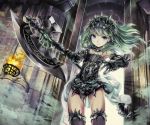  1girl armor bare_shoulders battle_axe black_legwear blue_eyes bodysuit elbow_gloves fire gloves green_hair hair_ornament hair_tubes jewelry long_hair looking_at_viewer metal_gloves necklace open_door original solo thighhighs yoshimo1516 