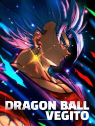  1boy black_background blue_eyes blue_hair blue_shirt character_name copyright_name dragon_ball dragon_ball_super earrings ham5037 highres jewelry male_focus medium_hair muscular muscular_male orange_shirt potara_earrings profile shirt solo spiky_hair super_saiyan super_saiyan_blue upper_body vegetto 