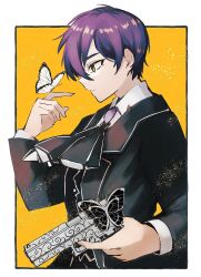  1boy ascot black_ascot black_butterfly black_jacket black_vest border bug butterfly closed_mouth collared_shirt e.g.o_(project_moon) gun highres holding holding_gun holding_weapon jacket library_of_ruina long_sleeves looking_at_animal male_focus nakame77 project_moon purple_brooch purple_hair shirt short_hair simple_background solemn_lament_(e.g.o) solo upper_body vest weapon white_border white_butterfly white_shirt yellow_background yellow_eyes yesod_(project_moon) 
