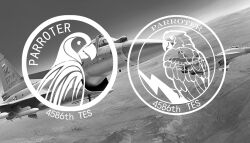  1other ace_combat aircraft airplane bird canards canopy_(aircraft) chengdu_j-10 day english_commentary english_text fighter_jet greyscale helmet mig-29 military military_vehicle missile monochrome mountain original osean_flag outdoors parrot pilot pilot_helmet pl-12 r-73_vympel roundel shuten_(project_sky) unit_patch vehicle_focus 