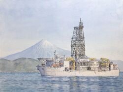  atelier_bono chikyu_(drilling_ship) clouds cloudy_sky commentary_request crane_(machine) highres mountain no_humans ocean original outdoors painting_(medium) scenery ship sky traditional_media vehicle_focus watercolor_(medium) watercraft waves 