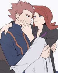  2boys carrying collared_shirt commentary_request hand_on_another&#039;s_face highres jacket lance_(pokemon) looking_at_another male_focus mocollie multiple_boys necktie official_alternate_costume pants pokemon pokemon_hgss pokemon_masters_ex purple_necktie red_hair shirt shoes short_hair silver_(pokemon) silver_(sygna_suit)_(pokemon) simple_background teeth white_background 