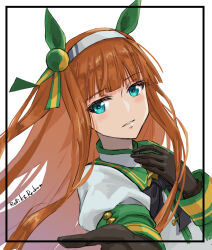 1girl animal_ears aqua_eyes artist_name black_gloves blunt_bangs ear_covers gloves green_eyes highres horse_ears horse_girl jun_(rellik_&amp;_redrum) looking_at_viewer offering_hand orange_hair portrait silence_suzuka_(umamusume) silver_hairband solo umamusume white_background 