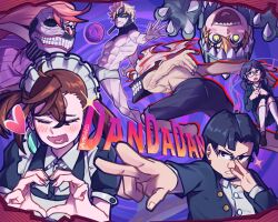  3boys 4girls acrobatic_silky_(dandadan) adjusting_eyewear alien apron artist_name ayase_momo black_dress black_hair black_jacket black_pants blonde_hair blush blush_stickers bow bowtie brown_hair claw_pose closed_eyes collared_shirt copyright_name crossed_bangs dandadan dress earrings embarrassed english_commentary enjoji_jin evil_eye_(dandadan) gakuran glasses hair_between_eyes heart heart_hands highres jacket jewelry kami_high_school_uniform long_hair low_twintails maid maid_apron maid_headdress male_underwear mask moe_moe_kyun! mouth_mask multiple_boys multiple_girls muscular muscular_male musical_note no_pants open_clothes open_jacket open_mouth outstretched_arm pants pink_hair possessed puffy_short_sleeves puffy_sleeves red_hair sakata_kinta sawaki_rin school_uniform sharp_teeth shiratori_aira_(dandadan) shirt short_hair short_sleeves socks sparkle star_(symbol) star_in_eye symbol_in_eye takakura_ken_(dandadan) takakura_ken_(transformed)_(dandadan) teeth third_eye topless_male transformation twintails underwear upper_body upside-down vamola_(dandadan) white_bow white_bowtie white_hair white_male_underwear white_shirt white_socks wreckedmonger 