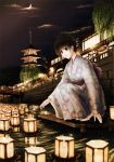  1girl bridge brown_eyes brown_hair highres japanese_clothes kimono lantern night ntake_toukasaien original pagoda sandals short_hair short_ponytail sky smile solo_focus squatting tree water 