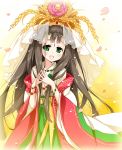  1girl beads brown_hair green_eyes hair_ornament japanese_clothes kimono kushinada_(p&amp;d) long_hair open_mouth petals puzzle_&amp;_dragons reina_(black_spider) smile solo 