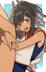  1girl :d blue_background blue_one-piece_swimsuit blush border brown_eyes brown_hair character_name feet_out_of_frame hashtag-only_commentary highres hugging_own_legs i-401_(kancolle) kantai_collection legs_up looking_at_viewer medium_hair one-hour_drawing_challenge one-piece_swimsuit orange_sailor_collar outside_border ponytail sailor_collar school_swimsuit shirt side-tie_shirt sidelocks signature sleeveless sleeveless_shirt smile solo sumoffu swimsuit tan teeth upper_teeth_only white_border white_shirt 