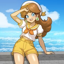  1girl absurdres blue_eyes blue_sky brown_hair clouds commentary earrings english_commentary hat highres jewelry long_hair looking_at_viewer mario_kart mario_kart_tour muis0802 ocean official_alternate_costume open_mouth outdoors princess_daisy princess_daisy_(sailor) sailor sailor_collar shirt short_sleeves shorts sky smile solo super_mario_bros. water white_hat white_shirt yellow_sailor_collar yellow_shorts 