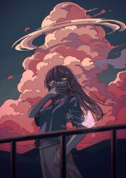  1girl absurdres animal blurry blurry_foreground bug butterfly cigarette clouds cloudy_sky commentary_request dusk film_grain glowing glowing_animal glowing_eyes hand_in_pocket hand_to_own_mouth hand_up highres ligne_claire long_hair looking_at_viewer midriff_peek navel original outdoors pants pink_clouds railing scenery shirt short_sleeves sky smoking solo standing t-shirt tattsun_(ta_tsuki) yellow_eyes 