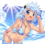  1girl :d bare_shoulders bikini blue_eyes blue_hair blush breasts dark_skin earrings fang hair_ornament hairclip hase_yu jewelry large_breasts looking_at_viewer necklace open_mouth original smile solo striped striped_bikini striped_swimsuit swimsuit thighhighs 