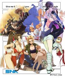  2boys 6+girls absurdres animal_ears blonde_hair blue_eyes blue_hair blue_mary cat_ears cat_girl darkstalkers fatal_fury felicia_(darkstalkers) highres hitsuji_kusa may_(guilty_gear) multiple_boys multiple_drawing_challenge multiple_girls red_hair revealing_clothes shermie_(kof) shiranui_mai short_hair the_king_of_fighters 