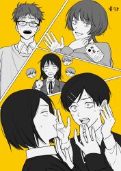  3boys 3girls anger_vein angry blazer bottle clenched_hand collared_shirt commentary_request cousins crooked_eyewear dress_shirt drooling eye_contact flustered fujii_ayame futsuu_no_keion-bu glasses greyscale_with_colored_background hair_ornament hairpin hands_up hatono_chihiro head_only highres holding holding_bottle jacket kouyama_rin looking_at_another mouth_drool multiple_boys multiple_girls neck_ribbon nervous_sweating open_mouth parted_bangs pixie_cut ribbon sakuyuimoto scene_reference school_uniform shaded_face shirt short_hair sweat sweater sweater_vest taguchi_ryuuya takami_kouki teeth tohno_gen upper_teeth_only waving wolf_cut yellow_background 