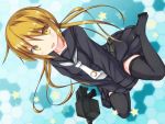  1girl blonde_hair blush crescent gun kantai_collection long_hair looking_at_viewer necktie personification satsuki_(kantai_collection) school_uniform sitting solo thighhighs twintails wariza weapon yellow_eyes 