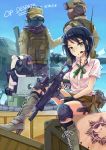  1girl airplane assault_rifle black_hair dangan_ronpa dated freckles gas_mask green_eyes gun headgear headphones helmet ikusaba_mukuro monokuma multiple_girls pane rifle skirt soldier spark_(sandro) spoilers tagme weapon 