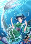 1girl blue_eyes blue_hair bubble coral dolphin fish floral_print head_fins highres japanese_clothes kimono looking_at_viewer mermaid monster_girl obi open_mouth smile solo stingray touhou underwater villyane wakasagihime 