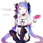 1girl black_legwear blue_eyes blue_hair bracelet character_name choker dated fang fingerless_gloves food fork fruit garter_straps gloves hair_ornament hairclip happy_birthday hatsune_miku highres jewelry long_hair nanasaki_(humkuru) open_mouth plate simple_background sitting solo strawberry thighhighs twintails very_long_hair vocaloid white_background wink world_is_mine_(vocaloid) 