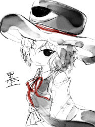  1other androgynous bare_shoulders closed_mouth coat collared_shirt cowboy_shot detached_sleeves dot_nose enraku_tsubakura eye_of_senri greyscale hair_between_eyes hakama hakama_skirt hat highres ink japanese_clothes jynx_(style) kuroda_(kurota_ne) len&#039;en light_frown long_sleeves looking_at_viewer messy_hair monochrome neck_ribbon official_style one-eyed other_focus painterly red_ribbon ribbon shirt short_hair simple_background skirt sleeveless sleeveless_coat sleeveless_shirt sleeves_past_fingers sleeves_past_wrists solo spot_color top_hat white_background wide_sleeves 