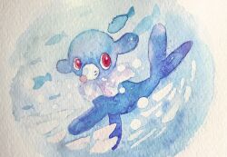  blue_background bright_pupils commentary_request fish full_body highres looking_at_viewer mint_nappa no_humans painting_(medium) pokemon pokemon_(creature) popplio red_eyes seal_(animal) solo traditional_media watercolor_(medium) white_pupils 