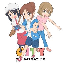  3girls absurdres ayumu_niikura black_boots black_hair blonde_hair blue_eyes blue_hoodie blue_pants blue_shorts boots brown_bag brown_eyes brown_hair camera city_(arawi_keiichi) collarbone collared_shirt copyright_logo digital_camera from_above g9in32 green_eyes hand_on_own_hip hat highres holding holding_camera hood hood_down hoodie izumi_wako lollipop_in_mouth looking_at_viewer multiple_girls nagumo_midori necktie open_mouth outstretched_arms pants pink_shirt pink_shoes pointing pointing_at_viewer ponytail red_necktie red_shoes red_skirt shirt shoes short_hair short_sleeves shorts sidelocks simple_background skirt teeth white_background white_hat white_shirt 