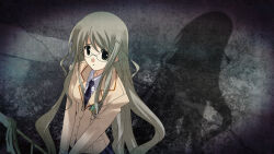  1girl artist_request blazer brown_jacket chaos;head check_artist collared_shirt d-sword dress_shirt from_above game_cg green_eyes green_hair hair_ornament hairpin highres holding holding_sword holding_weapon jacket kusunoki_yua lapels long_hair looking_to_the_side necktie notched_lapels official_art plaid_clothes plaid_necktie plaid_skirt pleated_skirt purple_necktie purple_skirt sasaki_mutsumi school_emblem school_uniform science_adventure shadow shirt skirt solo standing suimei_academy_school_uniform sword weapon white_shirt worried 