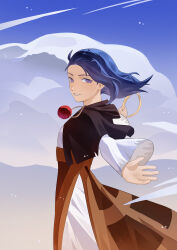  1girl absurdres blue_eyes blue_hair clouds cowboy_shot dress floating floating_clothes floating_hair gradient_sky highres holding holding_jewelry holding_ring hood hood_down jewelry kesa kumoi_ichirin long_sleeves looking_at_viewer looking_to_the_side medium_hair outstretched_arms pendant ring sky smile solo thursyue touhou white_dress wind 